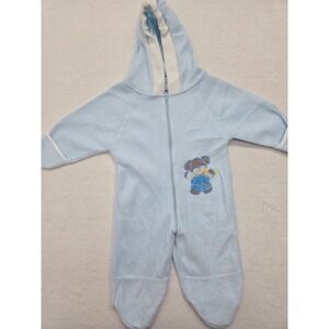 Mon Petit Baby Blue Hooded Footed Pajamas Size 6/9M Bear Applique‎ Romper